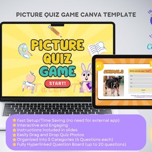 Puede incluir: Una plantilla de Canva para un juego de preguntas con imágenes. La plantilla presenta un diseño colorido con un fondo amarillo y una imagen de un conejo. El texto "Picture Quiz Game" se muestra en letras grandes y negritas. La plantilla es 100% editable e incluye instrucciones de uso. La plantilla está diseñada para ser utilizada con Canva.