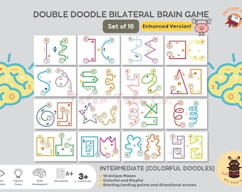 Double Doodle Bilateral Finger Mazes, Colorful and Cute theme Intermediate Level Cognitive Skills Puzzles (Set of 16) Instant Download PDF