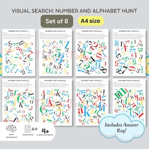 Rompecabezas de búsqueda visual de números y letras para niños: del 0 al 9, mayúsculas y minúsculas. Descarga instantánea en PDF con respuestas.