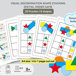Visuele discriminatie Vormen Stapelen Activiteitenvellen Ruimtelijke volgorde en positie Spel | 20 puzzels voor vroege leerlingen PDF direct downloaden