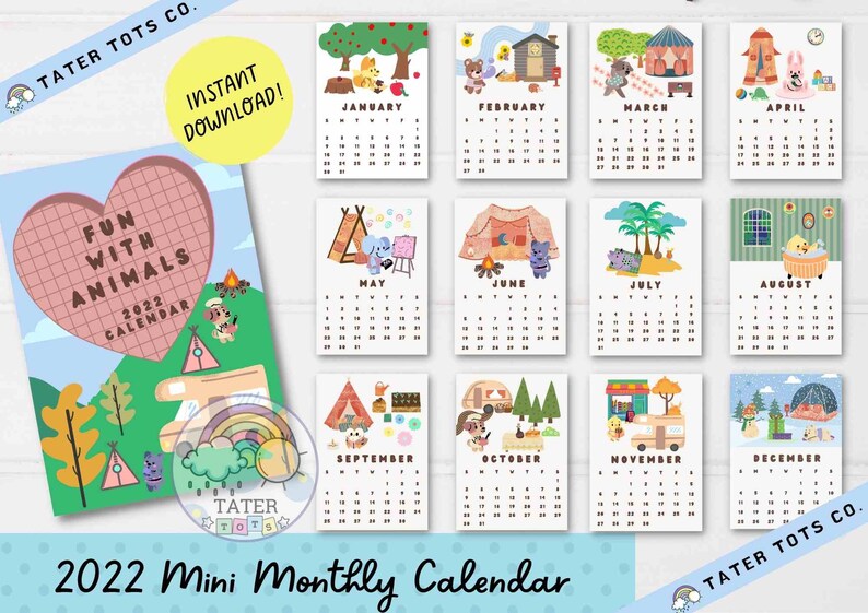 This is a 2022 Mini Calendar for desk, wall, and school titled "Fun with animals". This pocket-sized calendar is convenient to bring around or display in a room as a wall or desk calendar. It is suitable for both kids and adults with cute animals doing various activities throughout the year and seasons. Use it to plan important dates or as classroom decoration or kids' room decoration. 2022 desk calendar || 2022 calendar for kids || calendar minimalist || minimalist calendar 2022 printable