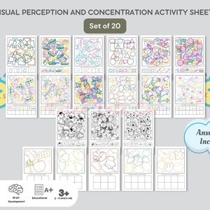 May include: Set of 20 black and white visual perception and concentration activity sheets for children ages 3 and up. The sheets feature various patterns and shapes to help develop hand-eye coordination, focus, and brain development. Answer key included.