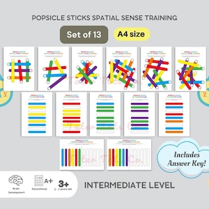 May include: A set of 13 printable A4 size worksheets for spatial sense training using popsicle sticks. The worksheets feature colorful stick arrangements and corresponding answer keys. The set is designed for children ages 3-7 and includes icons for hand-eye coordination, focus, brain development, and educational value.