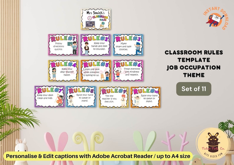 Classroom School Rules, Editable Template, Printable Classroom Sign Bulletin Board, School Signs, Classroom Labels Editable PDF