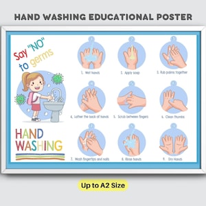 Hand washing poster Kids bathroom Educational Poster, Toddler Learning Preschool printables Instant Download (PDF)