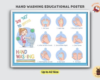 Cartaz sobre lavagem das mãos, pôster educativo para banheiro infantil, materiais para impressão para crianças pequenas, download instantâneo (PDF)