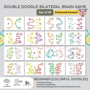 Op de afbeelding: Een set van 16 kleurrijke gekrabbelde doolhoven voor kinderen. De doolhoven zijn ontworpen om kinderen te helpen hun hand-oogcoördinatie, focus en hersenontwikkeling te ontwikkelen. De doolhoven zijn geschikt voor kinderen van 3 jaar en ouder. De doolhoven zijn afgedrukt op wit papier en klaar voor gebruik. De doolhoven maken deel uit van een "Double Doodle Bilateral Brain Game"-set. De tekst op de afbeelding luidt "Beginner (Kleurrijke Krabbels)", "16 Unieke Doolhoven", "Kleurrijk en Speels", "Start-/eindpunten en richtingspijlen", "A+", "3+", "3-6 jaar oud", en "Talon Tots Co. Bite Sized Fun".