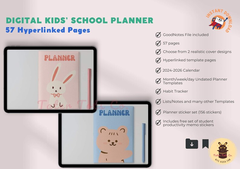 Digital kids' school planner goodnotes file and sticker pack