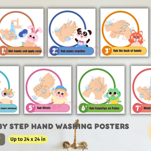 7 Step Wash hands sign for Preschool Toilet Training and Instructions Cute Cartoon Animals Theme Instant Download (PDF)