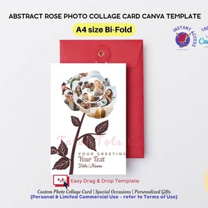 Modello di biglietto pieghevole in formato A4 con collage di foto di rose astratte per occasioni speciali / Design Canva modificabile con accesso immediato