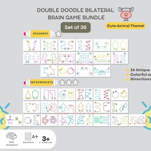 May include: A set of 36 double doodle bilateral brain game cards featuring cute animal themes. The cards are divided into beginner and intermediate levels. Each card has a maze with colorful and playful directional arrows.