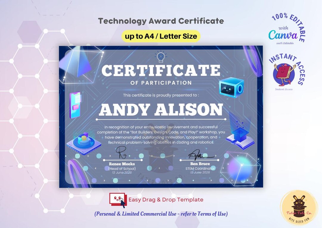 Technology Award Certificate Canva Template | STEM Coding Robotics ...