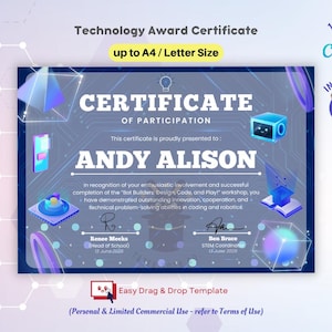 May include: A technology award certificate with a blue and white design. The certificate is for "Certificate of Participation" and features the names "Andy Alison". The certificate is editable with Canva and available for instant access.