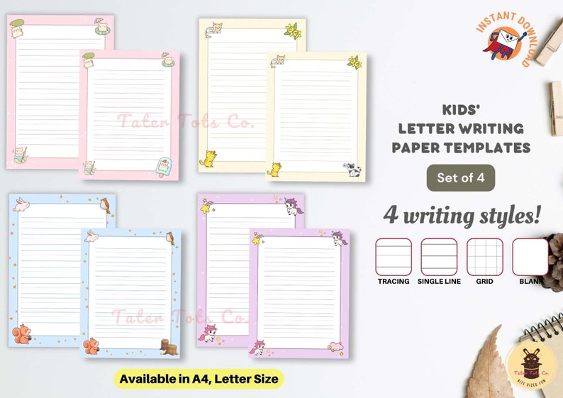 Handwriting Stationery Paper with Cute Cartoon Animals - Lined, Unlined, Gridlines, and Tracing Lines Instant Download PDF