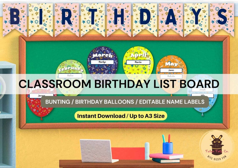 Classroom Birthday List Confetti Rainbow Balloons Bulletin Board with Bunting and Editable Name Labels Instant Download (PDF)