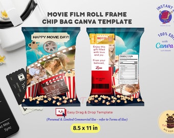 Family Movie Night Photo Collage Frame Cinema Popcorn Background Chip Bag Canva Template | Fully Editable Gift Pack Label Instant Access