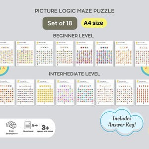 May include: A set of 18 picture logic maze puzzles in A4 size, designed for beginner and intermediate levels. The puzzles are educational and suitable for children aged 3 and up. Includes an answer key.