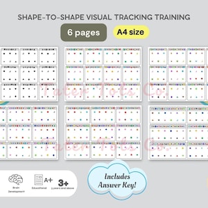 May include: Six pages of black and white and colourful visual tracking exercises for children. The pages are designed to help children improve their hand-eye coordination, focus, and brain development. The pages are A4 size and suitable for children 3 years and older. The printable worksheets include an answer key.