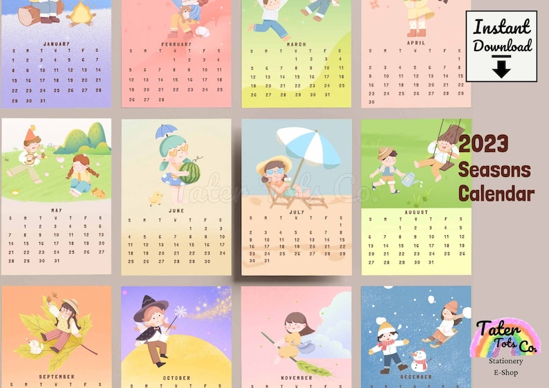 Printable 2023 Calendar Four Seasons for desk, wall, classroom or school 4 x 6 inch Instant Download PDF