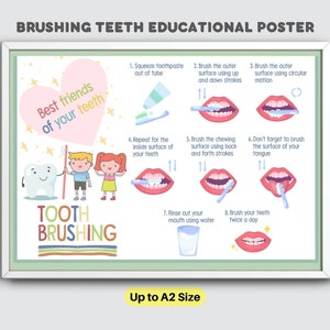 Póster de cepillado de dientes, póster educativo sobre higiene dental, material imprimible para niños en edad preescolar, descarga instantánea (PDF)