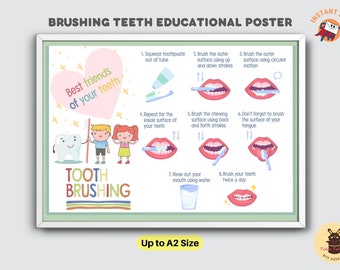 Cartaz sobre escovação de dentes Cartaz educacional sobre higiene dental, materiais para impressão sobre aprendizagem de crianças pequenas na pré-escola Download instantâneo (PDF)