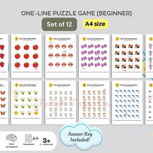 One-Line Puzzle Game Connect the Objects in a single line Bundle (Beginner) | Set of 12 A4 Size with Answer Key Instant Download PDF