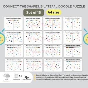 Puede incluir: Un conjunto de 16 rompecabezas bilaterales de garabatos imprimibles en tamaño A4 para niños de 4 años en adelante. Los rompecabezas presentan formas coloridas y fomentan la coordinación ojo-mano, las habilidades motoras finas y el desarrollo cognitivo. El texto en la página dice "Connect the Shapes: Bilateral Doodle Puzzle, Set of 16, A4 size".