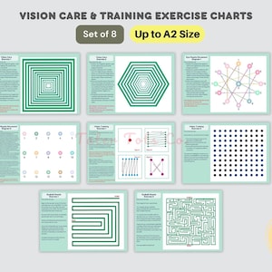 May include: A set of eight vision care and training exercise charts. The charts feature geometric shapes, mazes, and dot patterns in green and blue. The text on the charts includes instructions for eye exercises. The set is labeled "Up to A2 Size."
