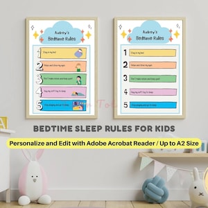 Gute Nacht Schlaf Hausregeln für Kleinkinder und Kinder - Personalisierte bearbeitbare Vorlage - Druckbares Spielzimmer Schild Sofortiger Download PDF
