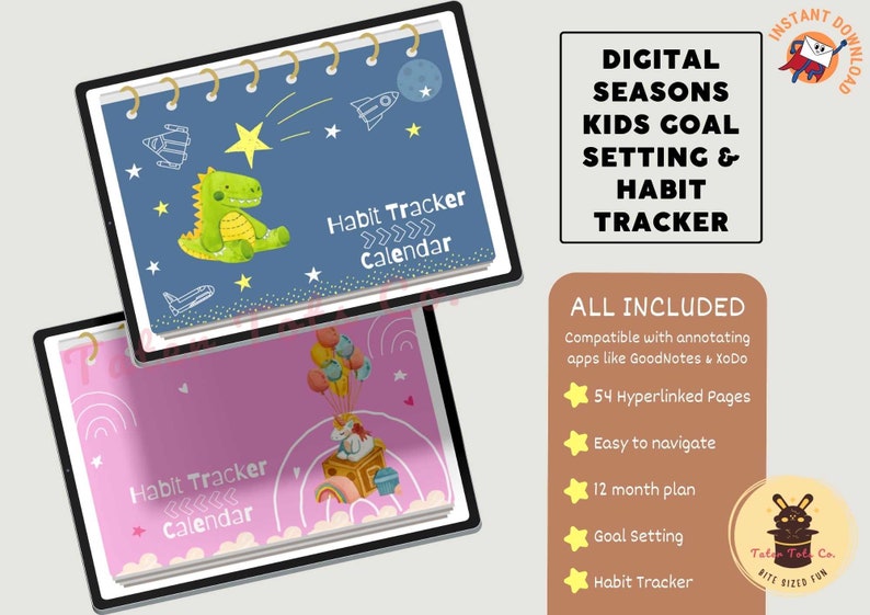 Digital Habit Tracker and Planner for Kids chores, Goal Setting and Seasonal undated 12 month calendar PDF