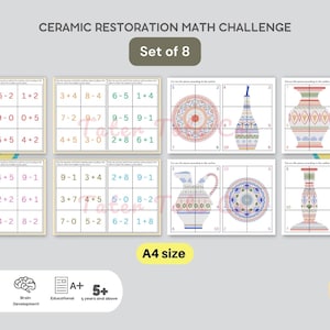 Puede incluir: Un conjunto de ocho hojas de trabajo imprimibles de desafío matemático de restauración de cerámica. Cada hoja de trabajo presenta un diseño de cerámica colorido, como un jarrón, un plato o una jarra, que está dividido en nueve cuadrados. El desafío consiste en utilizar los números proporcionados para completar las ecuaciones matemáticas y restaurar el diseño de cerámica.