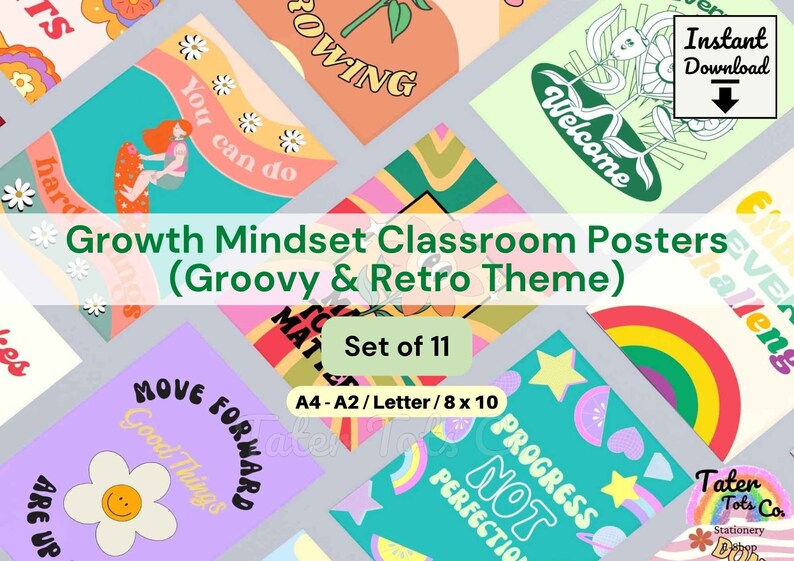 Growth Mindset Groovy Retro Classroom Posters Daily Affirmations Positive Mindset Instant Download
