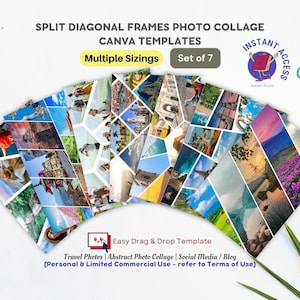 Può includere: Un set di 7 modelli Canva per creare collage di foto. I modelli presentano un design a cornice diagonale diviso e sono perfetti per mettere in mostra foto di viaggio. I modelli sono facili da usare e possono essere personalizzati per adattarsi a qualsiasi stile.