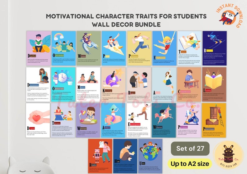 27 Positive Character Traits for Students - School/Classroom/Training Institute Wall Art and Slogan Poster Bundle Instant Download PDF