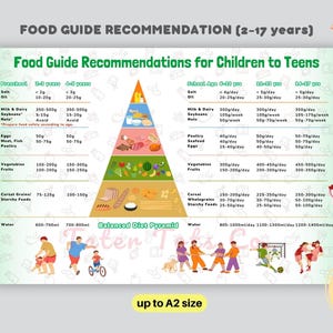 Puede incluir: Una colorida guía de alimentos para niños y adolescentes, con un gráfico de pirámide alimenticia equilibrada. La guía proporciona recomendaciones diarias para varios grupos de alimentos, incluyendo frutas, verduras y cereales. El texto incluye la frase "Food Guide Recommendations for Children to Teens."