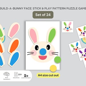 May include: A set of 24 printable bunny face puzzle pieces. The puzzle includes a large bunny face with different colored ears, nose, and mouth. The pieces are designed to be cut out and used as a fun and educational activity for children.