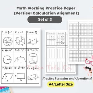 May include: Set of 3 maths practice papers with formulas and vertical calculation alignment. Includes A4/Letter size sheets with geometric shapes, formulas, and calculation grids. The text reads "Math Working Practice Paper".