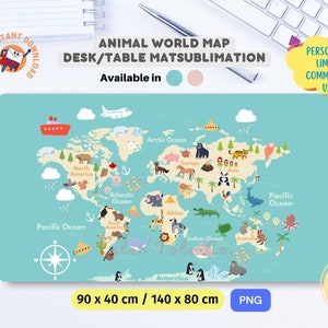 Individuelle Schreibtischmatte der Tiere Weltkarte für Kinder - Sublimation Türkis Blau oder Blush Pink - PNG Individuelle Maus Unterlage Geschenk Sofort Download