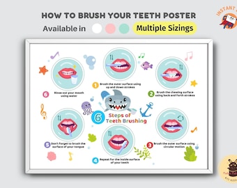Pôster com dicas de como escovar os dentes para crianças Higiene dental, saúde e bem-estar no banheiro Download instantâneo (PDF)
