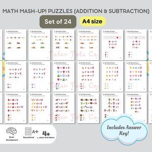 Op de afbeelding: Een set van 24 A4-formaat wiskundepuzzels voor optellen en aftrekken. De puzzels bevatten kleurrijke illustraties en vergelijkingen, ontworpen voor kinderen van 4 jaar en ouder. Inclusief een antwoordsleutel.