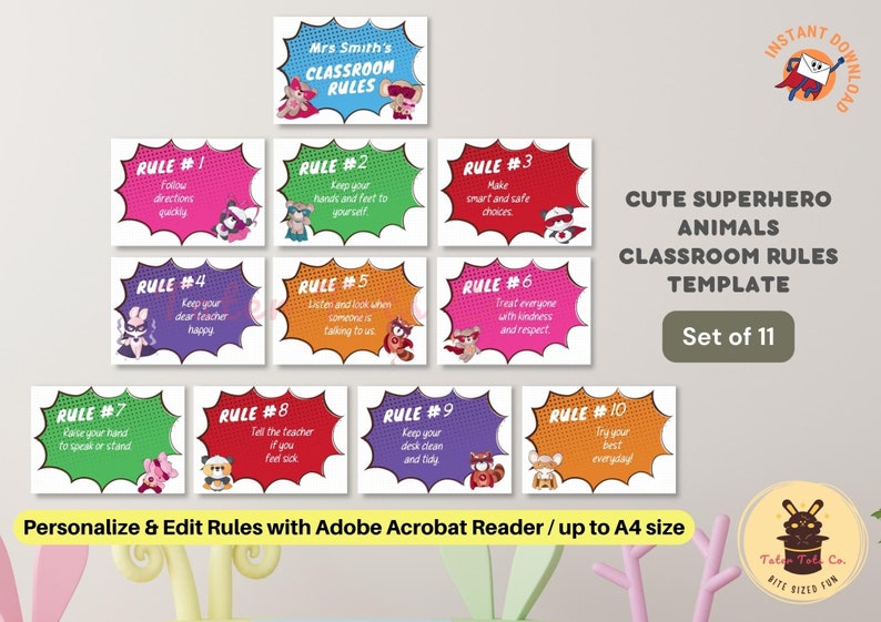 Editable Classroom Rules Superhero Cute Animals Poster, Printable School Signs Bulletin Board PDF