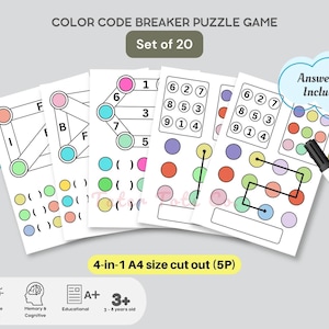 Op de afbeelding: Een set van 20 kleurcodebreker puzzelspelkaarten. De kaarten zijn gedrukt op wit papier en bevatten een verscheidenheid aan kleurrijke cirkels en lijnen. De kaarten zijn ontworpen om kinderen te helpen hun hand-oogcoördinatie, focus, geheugen en cognitieve vaardigheden te ontwikkelen. De kaarten zijn 4-in-1 A4 formaat uitgesneden (5P).