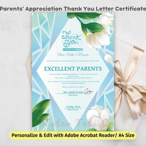 Carta de agradecimiento de agradecimiento de los padres y certificado de premios para maestros de escuela - Descarga instantánea de PDF editable personalizado