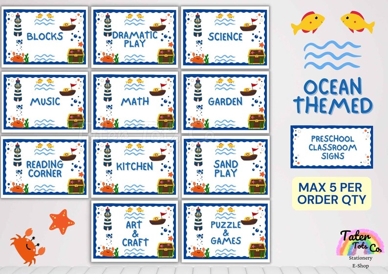 Preschool Classroom Play Signs, Nautical Ocean Theme and Preschool Section Activities Header Template Custom Order