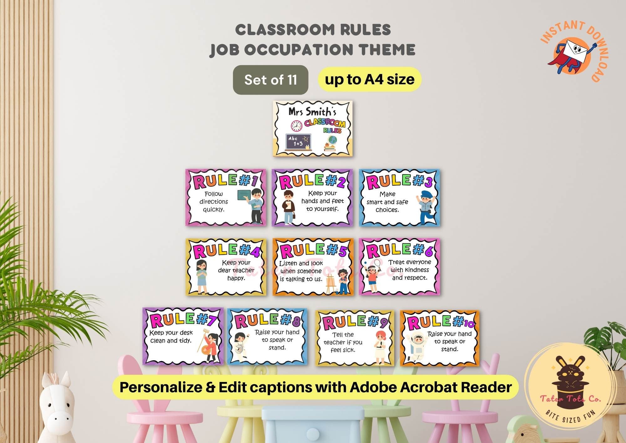 Free Printable Job Rules.pdf Editable Classroom Rules Sign: Job Theme Bulletin Board (PDF Download ...
