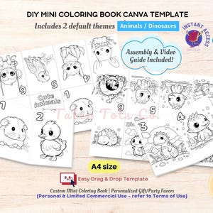 Plantilla de Canva para hacer un minilibro para colorear personalizado: animales y dinosaurios adorables / Video con guía de montaje: plantilla de Canva con acceso instantáneo