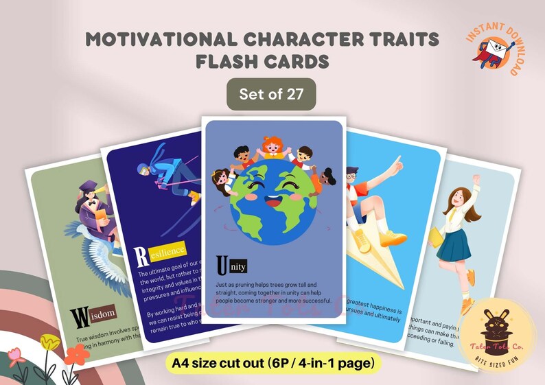 Boost Student Motivation with 27 Positive Character Traits Flashcards for Self-Improvement and Personal Growth - Instant PDF Download