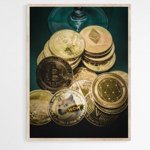 Bitcoin Crypto Coins Print, Modern Wall Art, Cryptocurrency Artwork, Gold Coins Art, Investor Gift