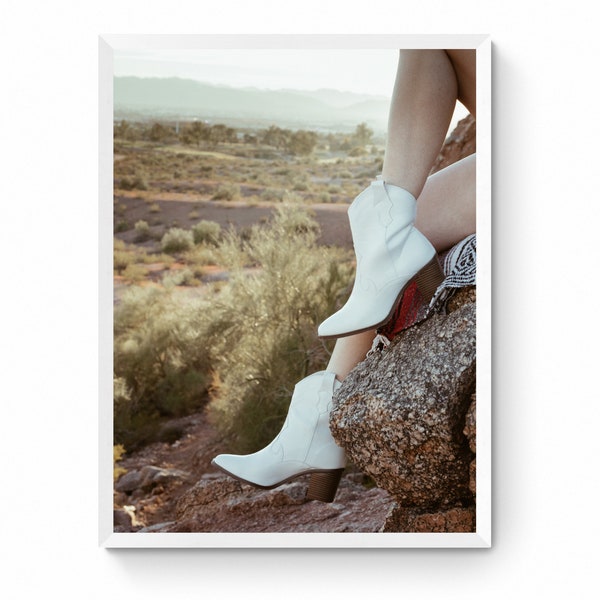 Fine Art Photography, Western White Boots Printable Art, Southwest landscape Wall Decor, Cowgirl Arizona Desert Digital Download