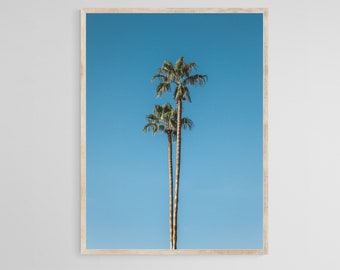 Stampa di palme, fotografia d'arte naturalistica, decorazione della parete costiera, vista del cielo e delle palme, arte della parete della fotografia di viaggio